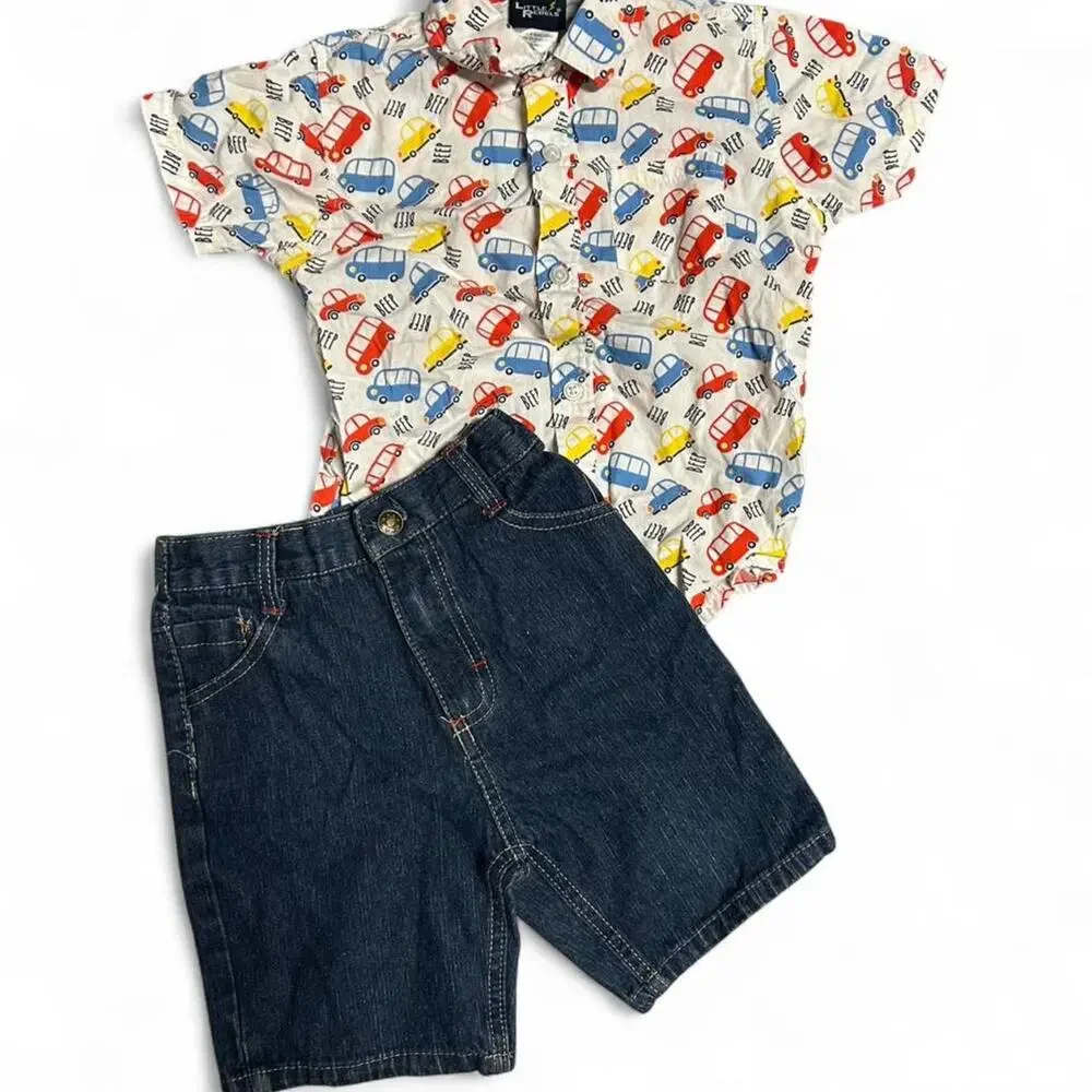 3t vintage toddler boy outfit bundle button up shirt with cars and denim shorts